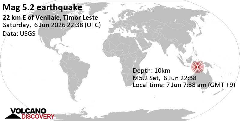 5.2 earthquake 22 km east of Wanilele, Timor Leste, June 7, 2026 at 07:38 am (GMT +9)