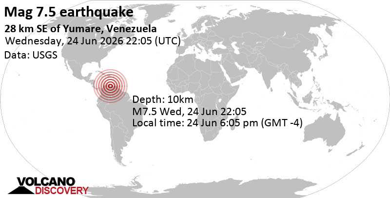 Terremoto mayor magnitud 7.5 - Yaracuy, 30 km al oeste de Morón, Carabobo, Venezuela, miércoles 24 jun 2026 a las 18:05 (Hora Caracas)