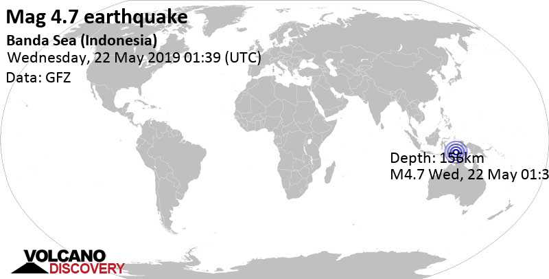 Light mag. 4.7 earthquake - Banda Sea, Indonesia, 261 km northeast of Lospalos, Timor-Leste, on Wednesday, May 22, 2019 at 01:39 GMT