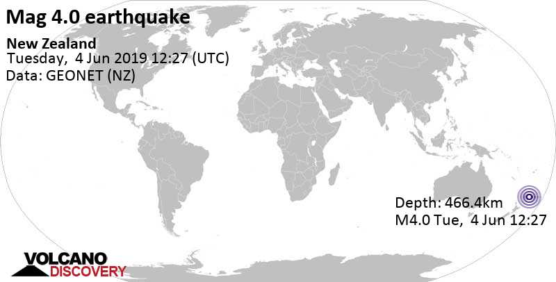 Ελαφρύς σεισμός μεγέθους 4.0 - South Pacific Ocean, Νέα Ζηλανδία, Τρί, 4 Ιου 2019 12:27 GMT