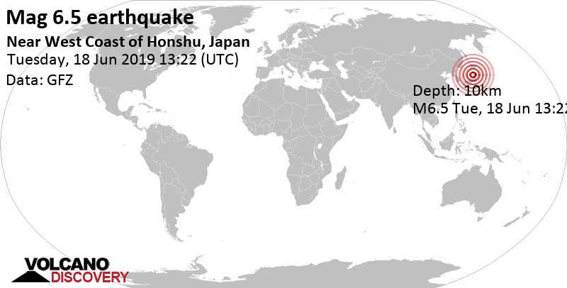 Major magnitude 6.5 earthquake - 37 km west of Tsuruoka, Yamagata, Japan, on Tuesday, June 18, 2019 at 13:22 GMT