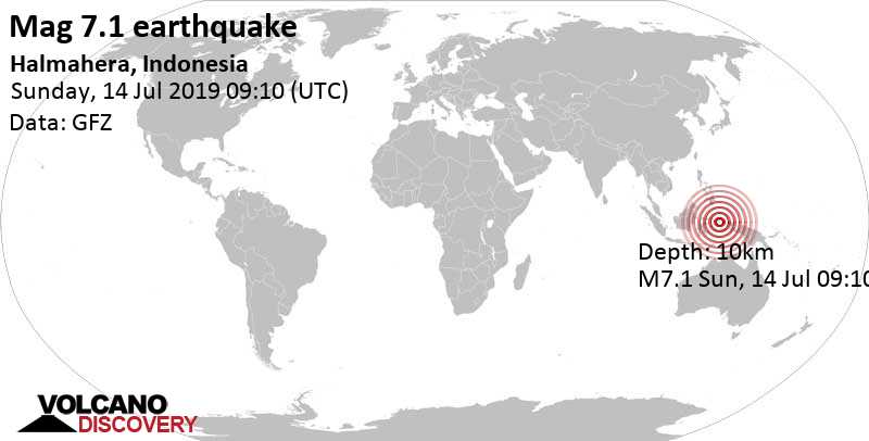 Major magnitude 7.1 earthquake - 30 km north of Pulau Waringin Island, North Maluku, Indonesia, on Sunday, July 14, 2019 at 09:10 GMT