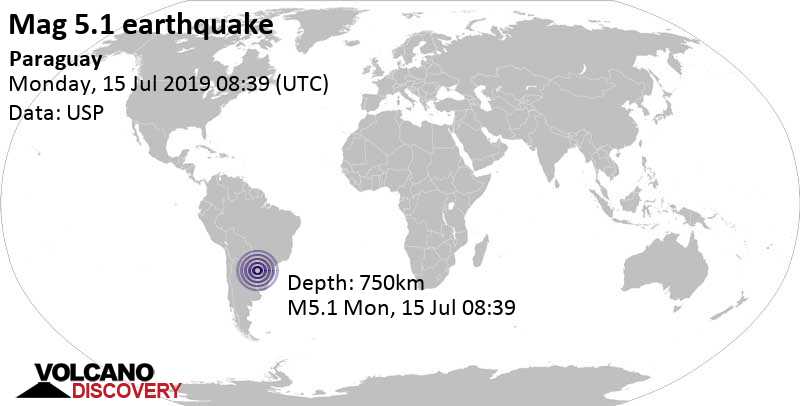 Moderate mag. 5.1 earthquake - Departamento de Itapua, 26 km east of Santa Rosa de Lima, Paraguay, on Monday, July 15, 2019 at 08:39 GMT