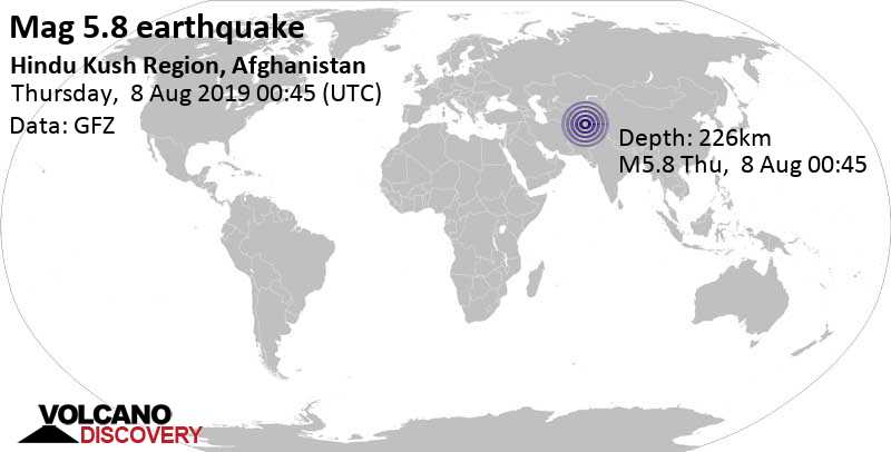 Moderate mag. 5.8 earthquake - Badakhshan, 28 km east of Farkhār, Takhar, Afghanistan, on Thursday, August 8, 2019 at 00:45 GMT