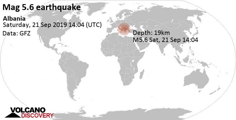 Strong mag. 5.6 Earthquake - 5.4 km south of Fushë-Krujë, Durres, Albania, on Saturday, Sep 21, 2019, at 04:04 pm (Tirane time)