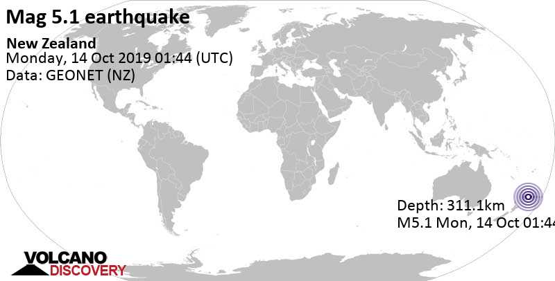 Умеренное землетрясение маг. 5.1 - South Pacific Ocean, 715 km к северо-востоку от Тауранга, Новая Зеландия, Понедельник, 14 октября 2019 01:44