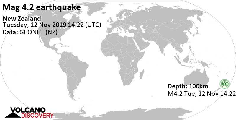 Terremoto leve mag. 4.2 - South Pacific Ocean, New Zealand, martes, 12 nov. 2019 14:22