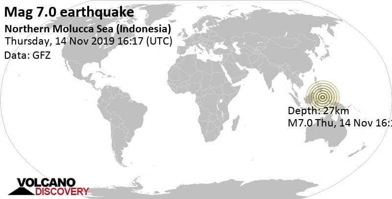 Major magnitude 7.0 earthquake - Molucca Sea, 131 km east of Bitung, North Sulawesi, Indonesia, on Thursday, November 14, 2019 at 16:17 GMT