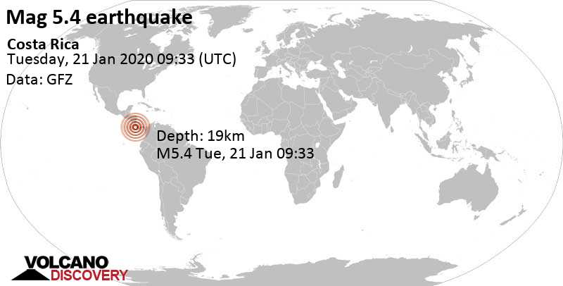 Starkes Beben der Stärke 5.4 - Nordpazifik, 47 km südwestlich von San Isidro, Costa Rica, am Dienstag, 21. Jan 2020 um 09:33 GMT