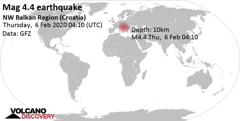 Moderate mag. 4.4 earthquake - 90 km north of Split, Splitsko-dalmatinska županija, Croatia, on Thursday, February 6, 2020 at 04:10 GMT