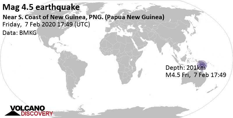 Слабое землетрясение маг. 4.5 - 56 km к западу от Reginimi , Папуа — Новая Гвинея, Пятница, 07 февраля 2020 17:49