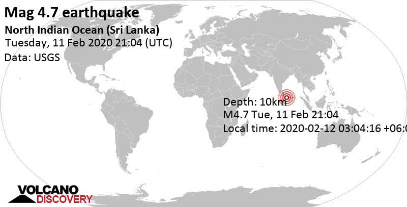 Quake Info: Moderate Mag. 4.7 Earthquake - 482 km Southeast of Colombo, Western Province, Sri Lanka, on 2020-02-12 03:04:16 +06:00 - User Experience Reports