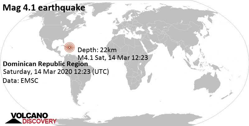 Light mag. 4.1 earthquake - 70 km northwest of Santiago de los Caballeros, Dominican Republic, on Saturday, March 14, 2020 at 12:23 GMT