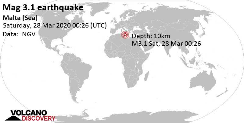 Light mag. 3.1 earthquake - Eastern Mediterranean, 79 km south of Birkirkara, Malta, on Saturday, March 28, 2020 at 00:26 GMT
