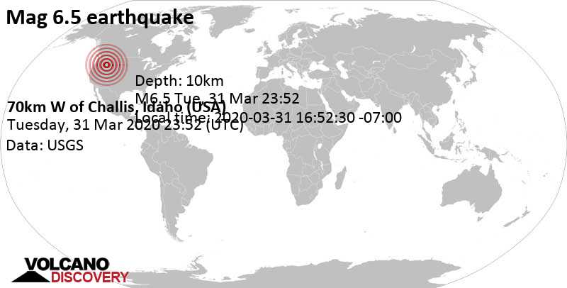 Major magnitude 6.5 earthquake - 21 mi northwest of Stanley, Custer County, Idaho, USA, on 2020-03-31 16:52:30 -07:00