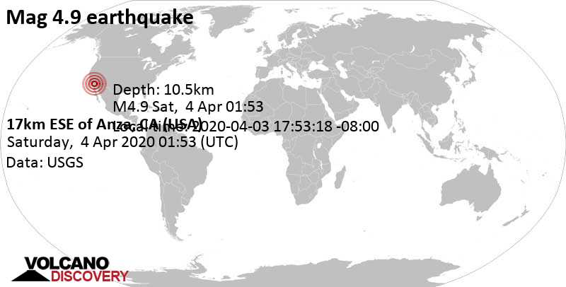 Moderate mag. 4.9 earthquake - 66 mi northeast of San Diego, California, on 2020-04-03 17:53:18 -08:00