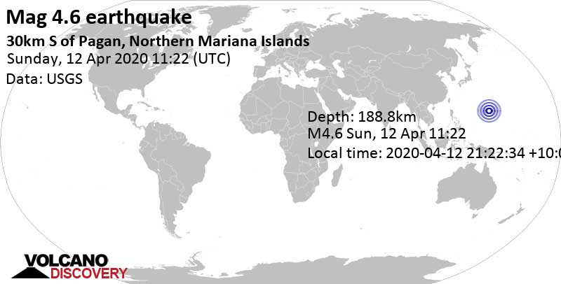 Light mag. 4.6 earthquake - 292 km north of Saipan, Capitol Hill, Northern Mariana Islands, on 2020-04-12 21:22:34 +10:00