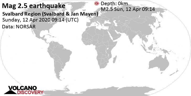 Séisme très faible mag. 2.5 - Rundholmen, 23 km au nord-est de Ny-Ålesund, Spitsbergen, Svalbard, dimanche, le 12 avril 2020 09:14