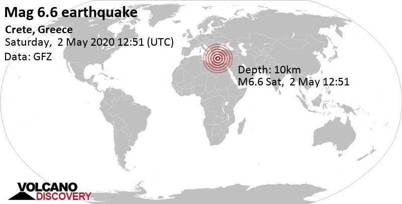 Major magnitude 6.6 earthquake - Eastern Mediterranean, 83 km south of Ierapetra, Lasithi, Crete, Greece, on Saturday, May 2, 2020 at 12:51 GMT