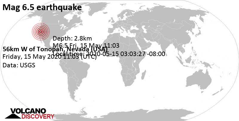 Major magnitude 6.5 earthquake - 36 mi west of Tonopah, Nye County, Nevada, USA, on 2020-05-15 03:03:27 -08:00