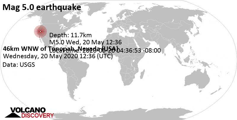 Strong mag. 5.0 earthquake - 30 mi west of Tonopah, Nye County, Nevada, USA, on 2020-05-20 04:36:53 -08:00