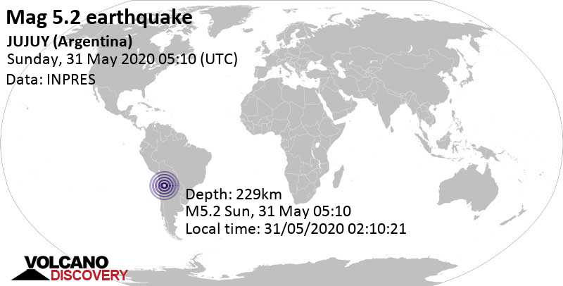 Moderate mag. 5.2 earthquake - Jujuy, 72 km northwest of San Antonio de los Cobres, Departamento de Los Andes, Salta, Argentina, on 31/05/2020 02:10:21