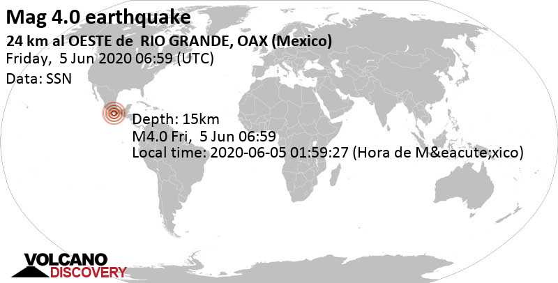 Light mag. 4.0 earthquake - 7.2 km southeast of San José del Progreso, Villa de Tututepec de Melchor Ocampo, Oaxaca, Mexico, on 2020-06-05 01:59:27 (Hora de México)