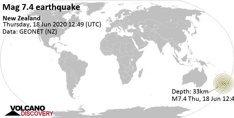 Основные землетрясения магнитудой 7.4 - South Pacific Ocean, 736 km к северо-востоку от Тауранга, Новая Зеландия, Четверг, 18 июня 2020 12:49