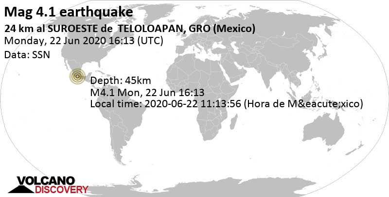 Light mag. 4.1 earthquake - Guerrero, 166 km southwest of Mexico City (Ciudad de México), on 2020-06-22 11:13:56 (Hora de México)