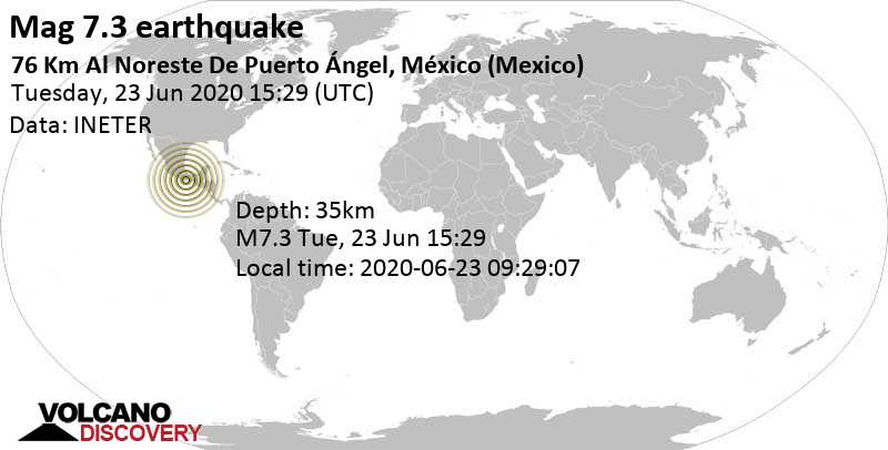 Major magnitude 7.3 earthquake - 15 km northeast of Merced del Potrero, San Miguel del Puerto, Oaxaca, Mexico, on 2020-06-23 09:29:07