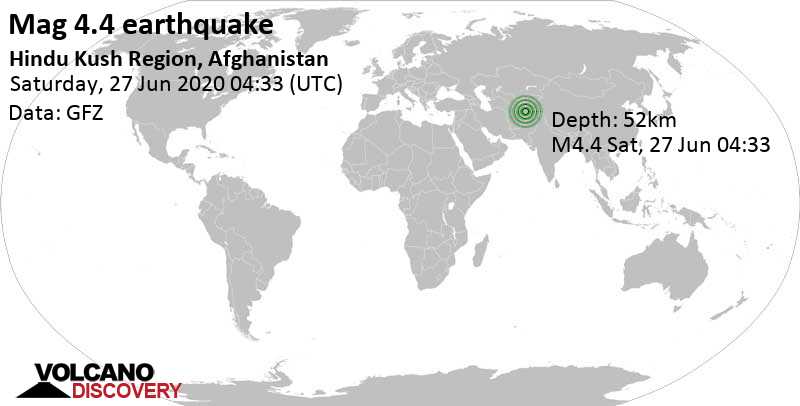 Light mag. 4.4 earthquake - 14 km east of Farkhār, Farkhar, Takhar, Afghanistan, on Saturday, June 27, 2020 at 04:33 GMT