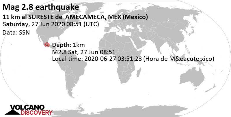 Слабое землетрясение маг. 2.8 - 12 km к юго-востоку от Amecameca, México, Мексика, 2020-06-27 03:51:28 (Hora de México)