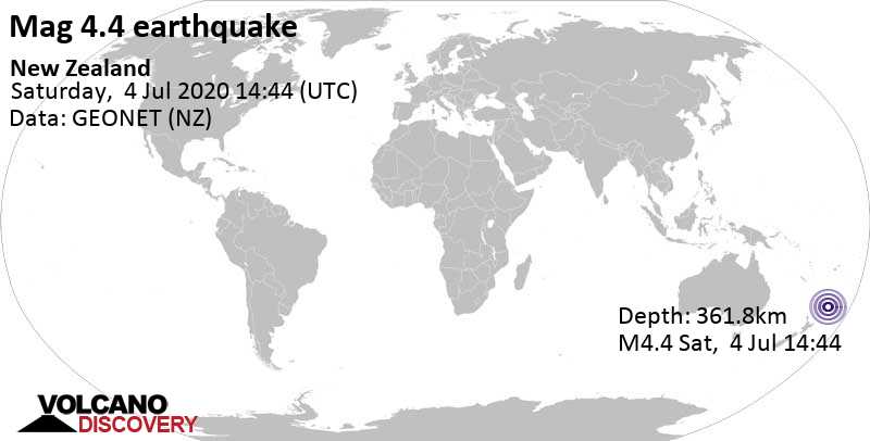 Ελαφρύς σεισμός μεγέθους 4.4 - South Pacific Ocean, Νέα Ζηλανδία, Σάβ, 4 Ιου 2020 14:44 GMT