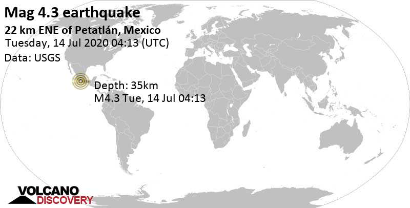 Light mag. 4.3 earthquake - Guerrero, 276 km southwest of Mexico City (Ciudad de México), on Tuesday, July 14, 2020 at 04:13 GMT