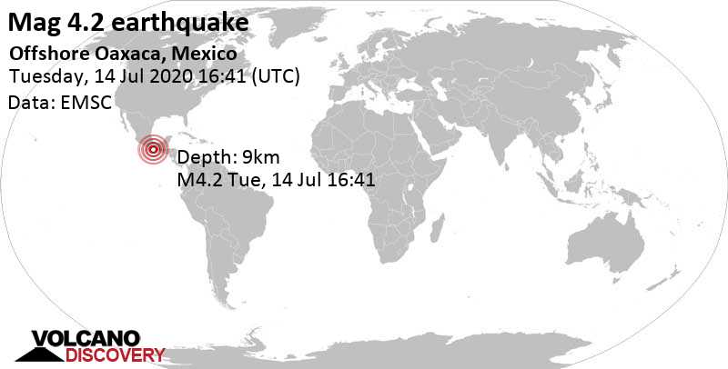 Moderate mag. 4.2 earthquake - 96 km southwest of Salina Cruz, Oaxaca, Mexico, on Tuesday, Jul 14, 2020 at 4:41 pm (GMT +0)