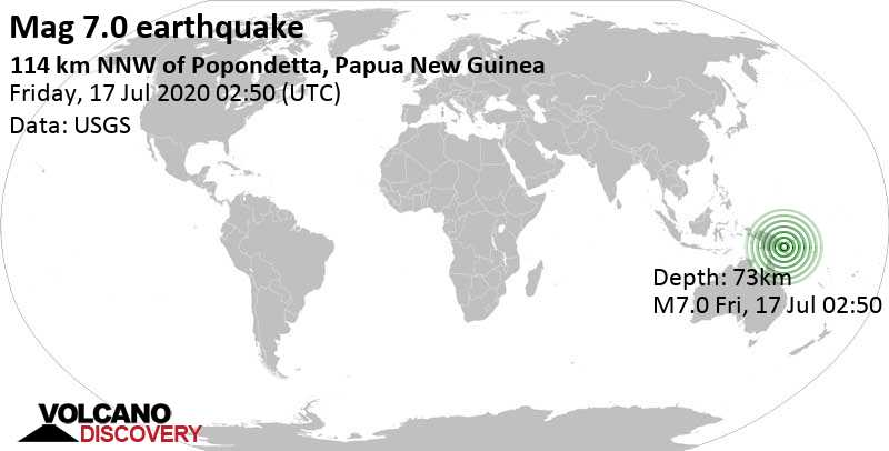 Major mag. 7.0 Earthquake - Solomon Sea, 115 km northwest of Popondetta, Papua New Guinea, on Friday, Jul 17, 2020 12:50 pm (Port Moresby time)