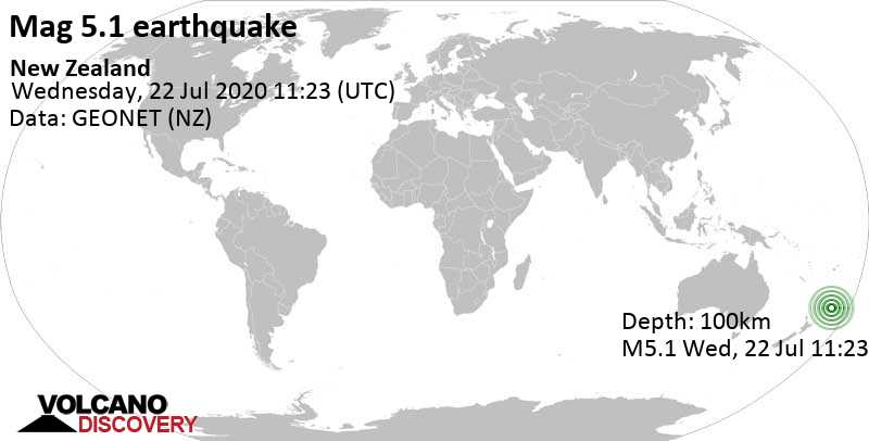 Terremoto moderado mag. 5.1 - South Pacific Ocean, 838 km NE of Tauranga, Bay of Plenty, New Zealand, miércoles, 22 jul. 2020 11:23
