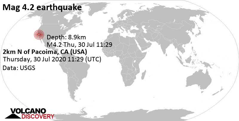 Terremoto moderato mag. 4.2 - 14 km a sud-est da Santa Clarita, Contea di Los Angeles County, Contea di Kern, Stati Uniti, giovedì, 30 lug. 2020 11:29