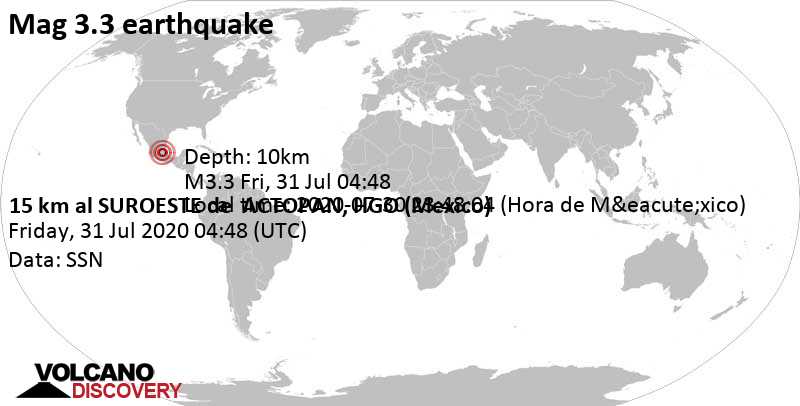Séisme faible mag. 3.3 - 0.9 km au nord-est de Vicente Guerrero, Ajacuba, État dHidalgo, Mexique, 2020-07-30 23:48:04 (Hora de México)