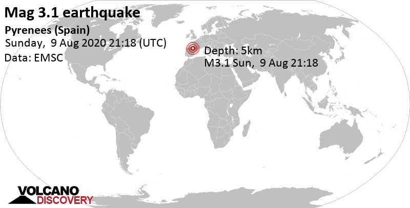 Light mag. 3.1 earthquake - Pyrenees (Spain) on Sunday, August 9, 2020 at 21:18 GMT