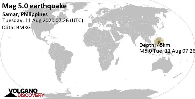 Terremoto moderato mag. 5.0 - Philippine Sea, 13 km a sud da Piña, Filippine, martedì, 11 ago. 2020 07:26