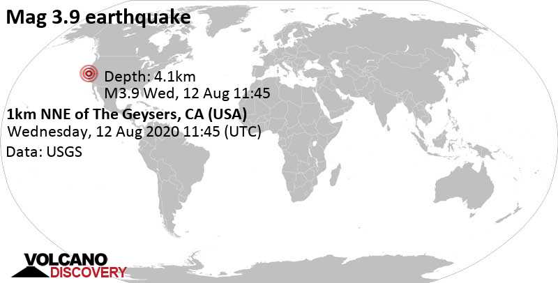 Умеренное землетрясение маг. 3.9 - 4.5 km к юго-западу от Cobb, Лейк County, Калифорния, Соединенные Штаты, Среда, 12 августа 2020 11:45