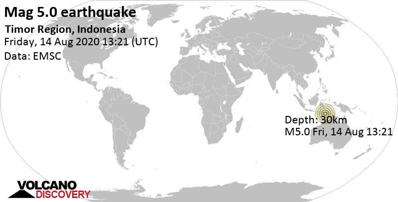 Terremoto moderado mag. 5.0 - Timor Sea, 46 km SSE of Soe, Indonesia, viernes, 14 ago. 2020 13:21
