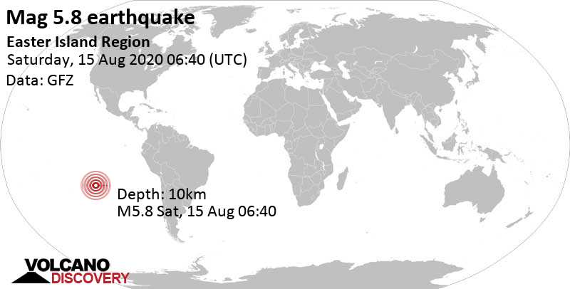 Strong mag. 5.8 earthquake - 572 km northwest of Hanga Roa, Provincia de Isla de Pascua, Region de Valparaiso, Chile, on Saturday, August 15, 2020 at 06:40 GMT
