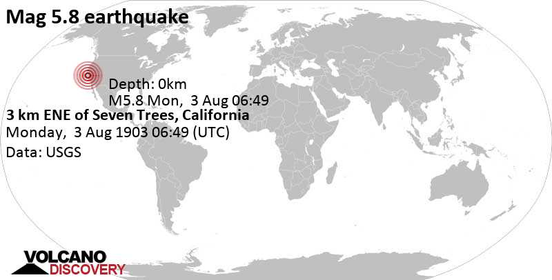 Strong mag. 5.8 earthquake - 5.9 mi southeast of San Jose, Santa Clara County, California, USA, on Monday, August 3, 1903 at 06:49 GMT