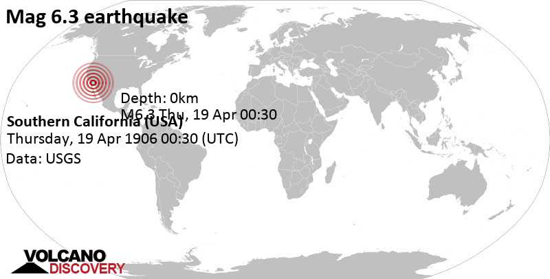Major magnitude 6.3 earthquake - 5.7 mi south of Brawley, Imperial County, California, USA, on Thursday, April 19, 1906 at 00:30 GMT