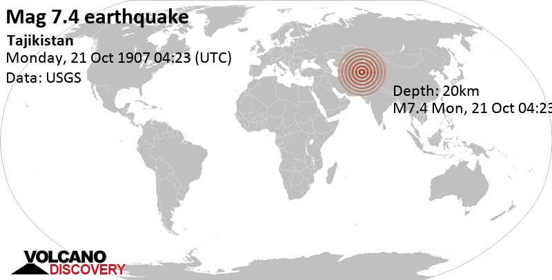 Major magnitude 7.4 earthquake - Tajikistan on Monday, October 21, 1907 at 04:23 GMT