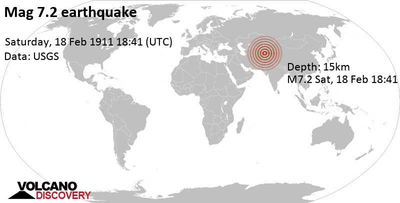 Major magnitude 7.3 earthquake - Gorno-Badakhshan, 336 km east of Duschanbe, Dushanbe, Tajikistan, on Saturday, February 18, 1911 at 18:41 GMT