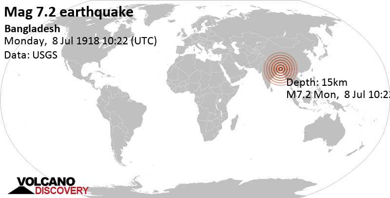 Major magnitude 7.2 earthquake - Bangladesh on Monday, July 8, 1918 at 10:22 GMT