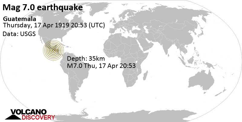Very strong mag. 6.8 earthquake - 34 km south of Retalhuleu, Departamento de Retalhuleu, Guatemala, on Thursday, April 17, 1919 at 20:53 GMT